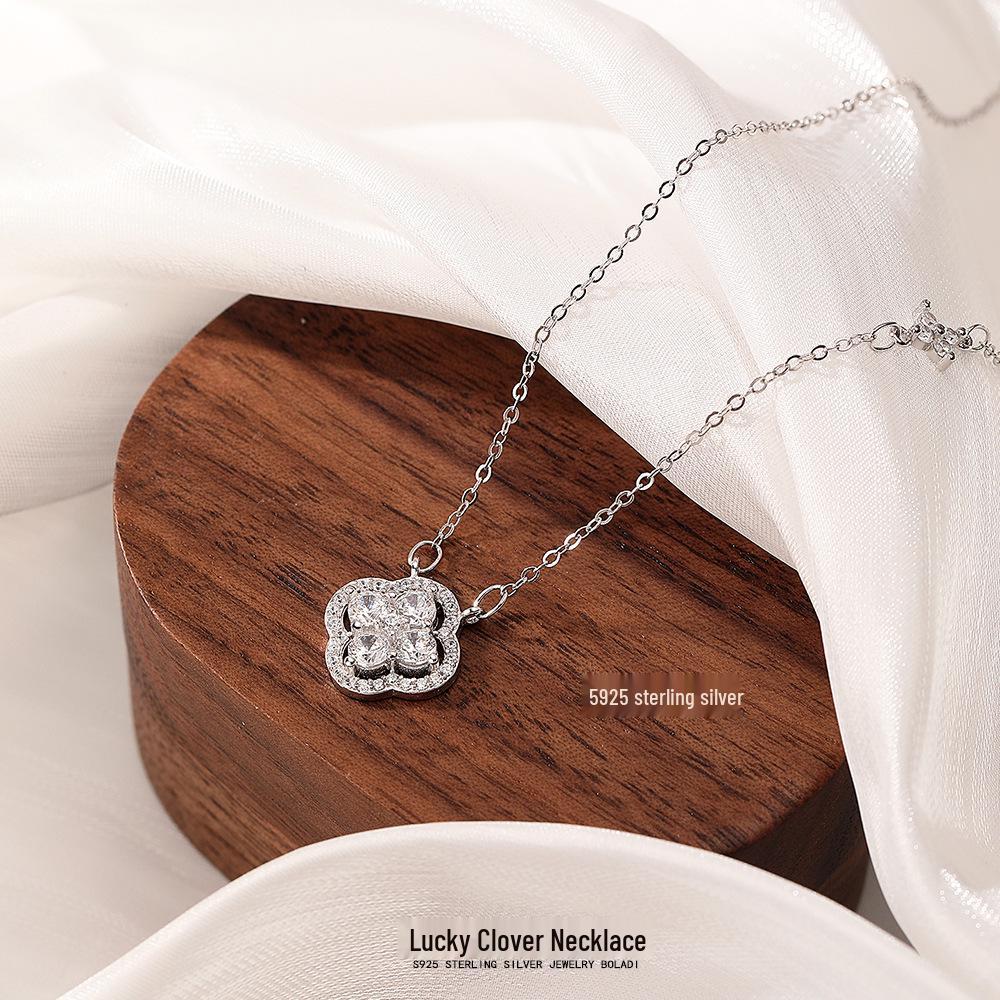 Elegant S925 Sterling Silver Four-Leaf Clover Necklace for Women - Luxe Design with Full Diamond Accent