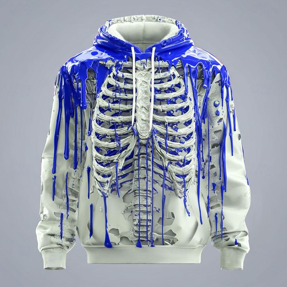 Halloween Men's 3D Skeleton Hoodie Sweatshirt Punk Exaggerated Crew Neck Club Streetwear Lake Blue Red Drawstring Fall Winter