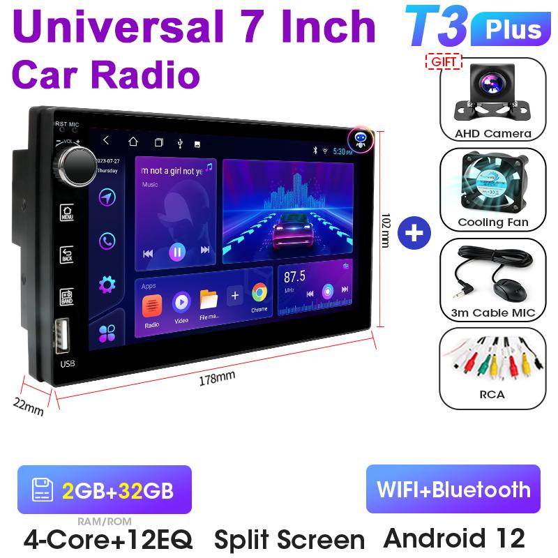 Universal 7 Inch 2 Din Android 12 Car Radio Multimedia Video Player For Nissan Kia Honda Toyota VW Ford Carplay Auto RDS DSP 4G