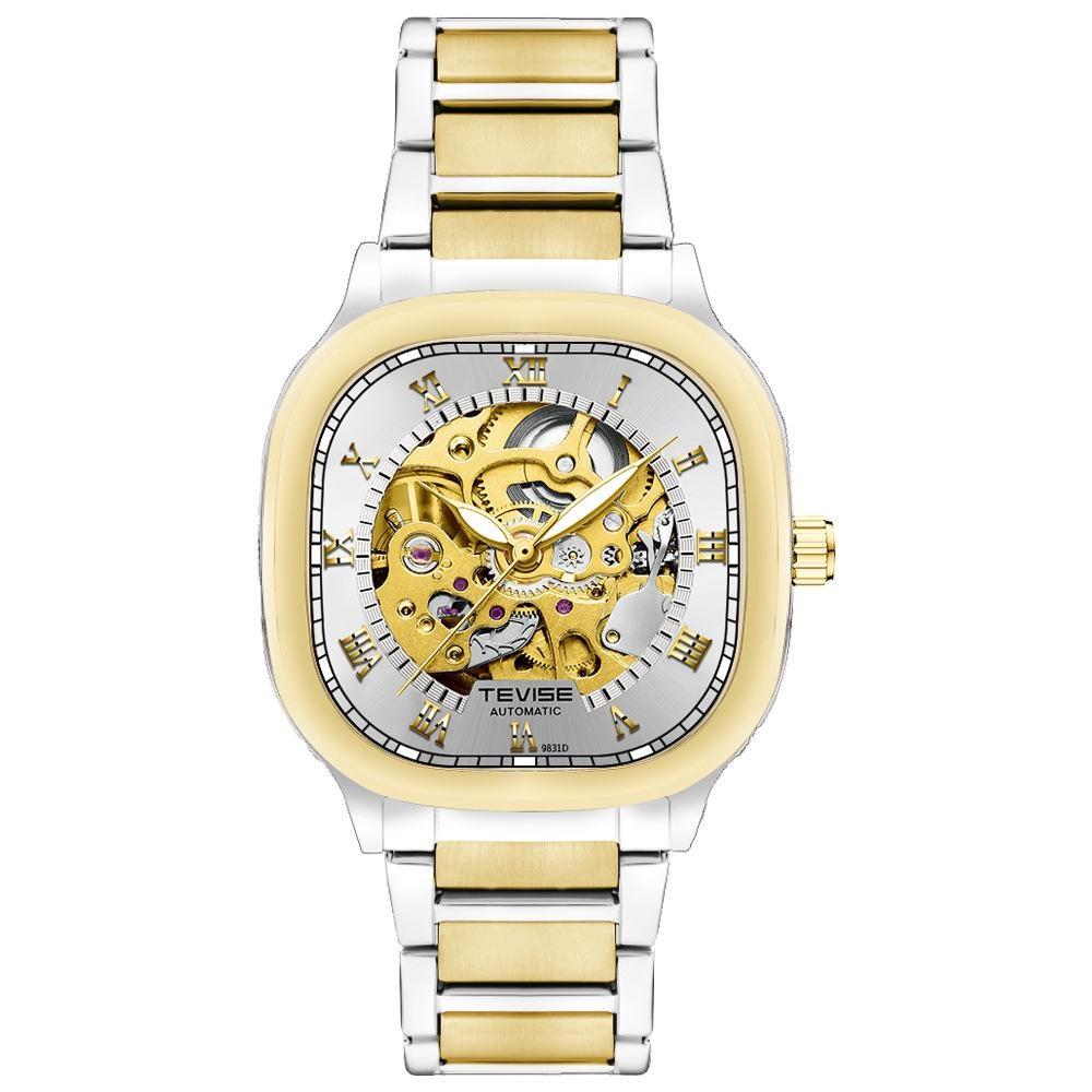 TEVISE Luminous Square Hollow Dial Men's Stainless Steel Waterproof Automatic Mechanical Watch Fashion Business Skeleton Watches