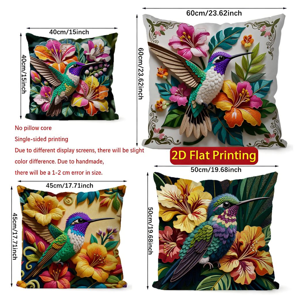 2D Tropical Hummingbird Floral Throw Pillow Covers Pattern Cushion Cover Suitable For Sofa Bedroom Car Pillow Cover