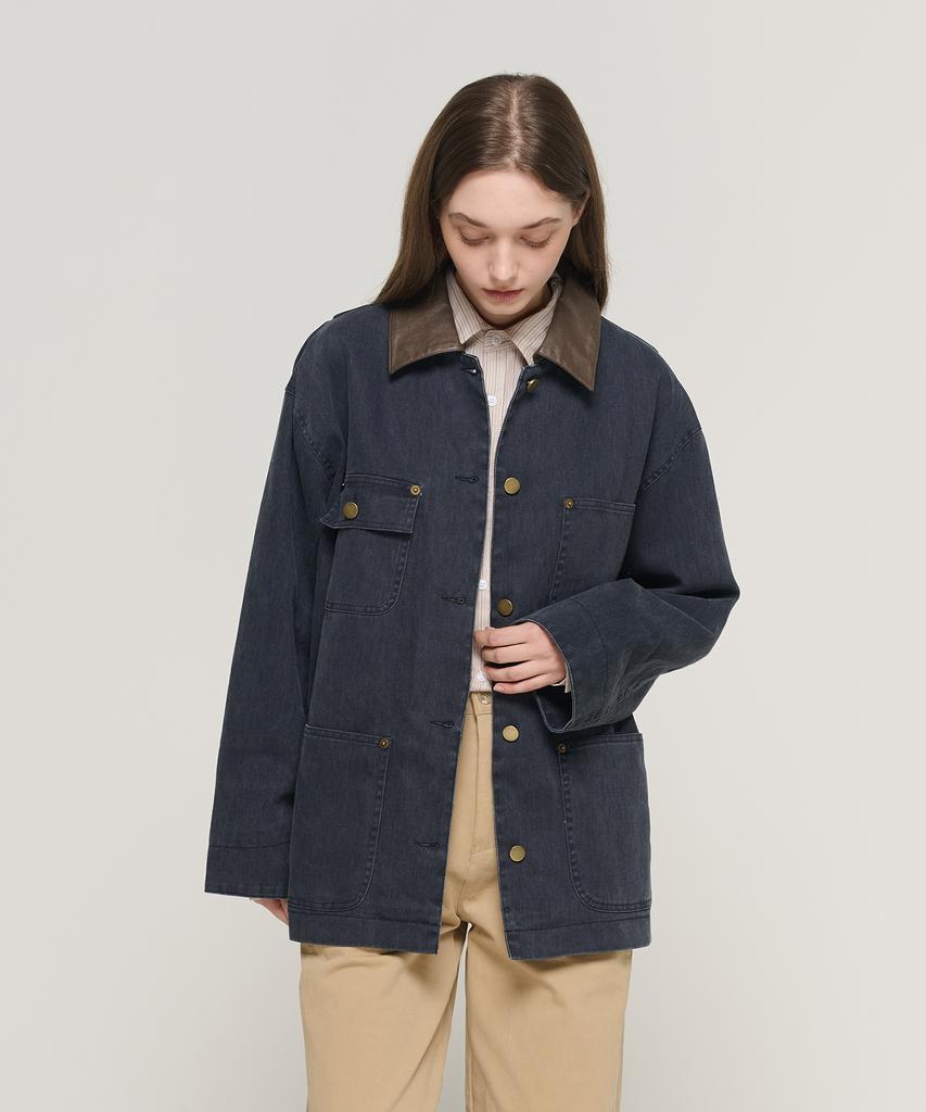 Cargobros For Woman Contrast Collar Pocket Work Denim Jacket (Dark Blue)
