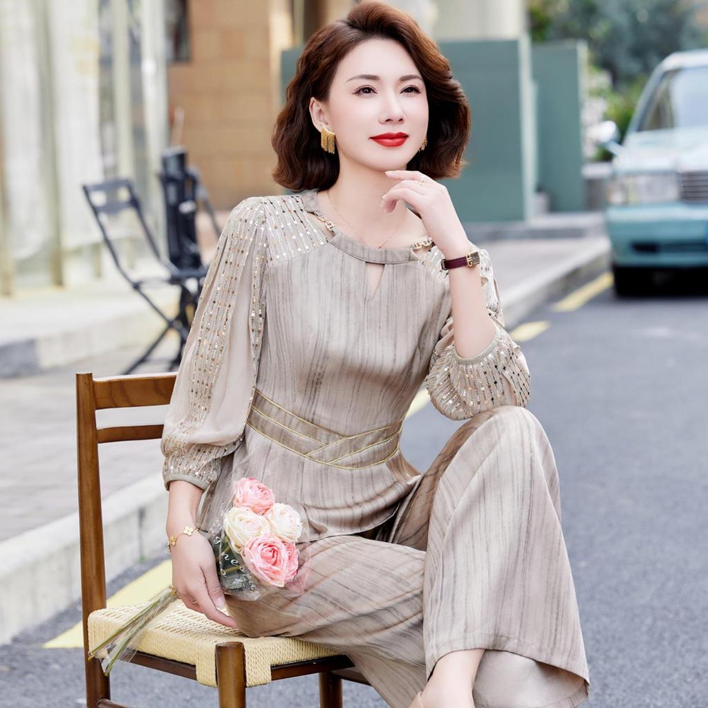 Elegant Autumn 2025 Satin Blouse & Seven-Sleeve Two-Piece Set for Middle-Aged and Elderly Women