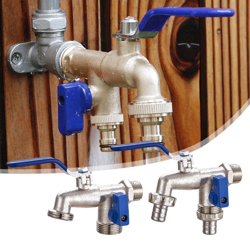 Outdoor Faucet with Double Outlet 1/2'' 3/4'' Water Splitter Connector Faucet Outside Spigot Water Tap for Garden Hose