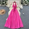 Light Luxury Niche Neck Dress for Women's Summer Sexy Backless V-neck Lace-up Waist and Thin Holiday Dress
