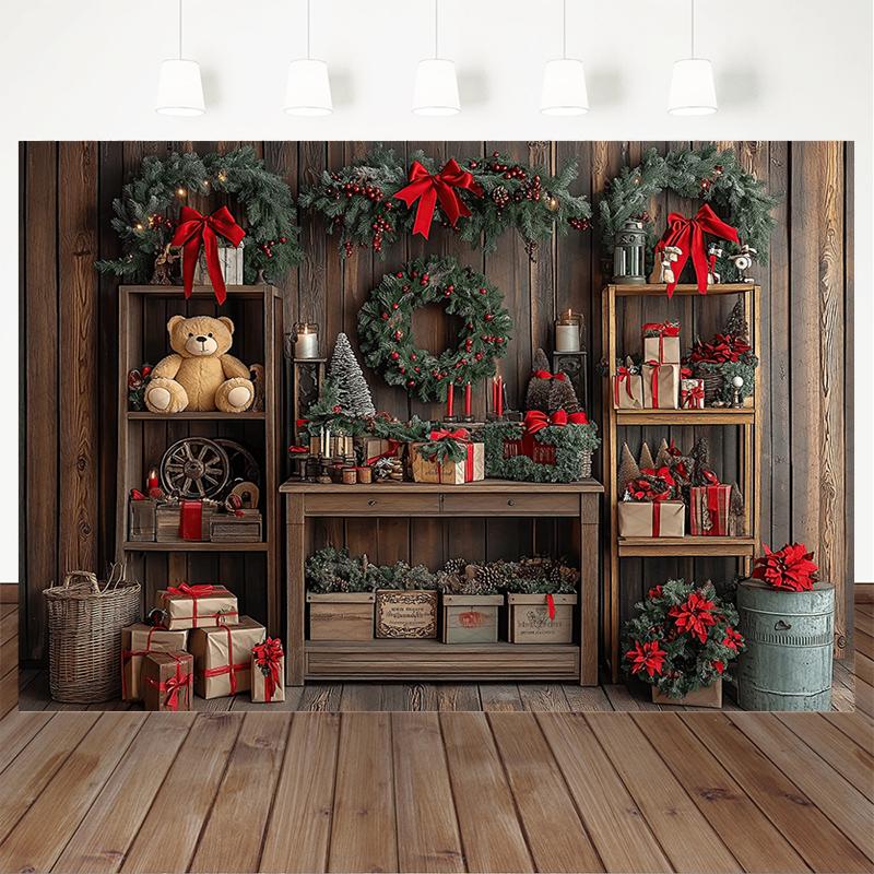 Mocsicka Christmas Home Backdrop Soft Washable Indoor Tree Photo Background Photography Wreath Bear Gift Wood House Decor Banner