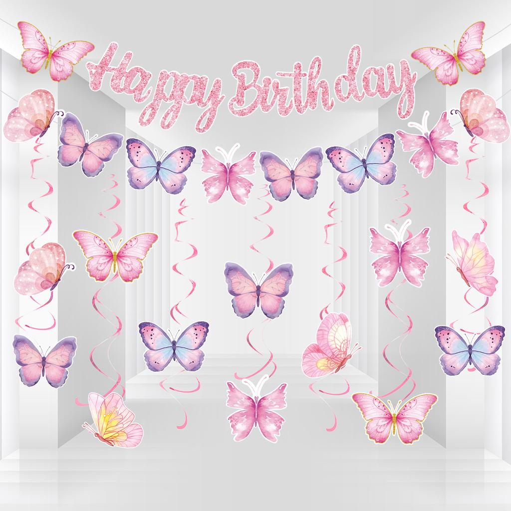 Butterfly Banner Spiral Set Happy 1st Birthday Party Decorations Kids Girls Favors Gifts Spring Butterfly Theme Hanging Pendant