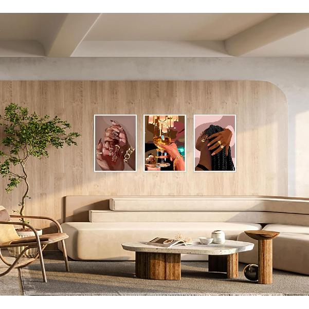 LQOZTBX 3Pcs Black Girl Wall Art Fashion African American Canvas Paintings Black Women Posters Nail Art Pictures Champagne Prints Boho Aesthetic Wall
