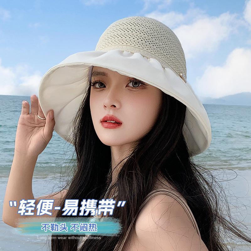 Summer hat women's fashion knitted mesh bucket hat summer sunshade sun hat empty top bow