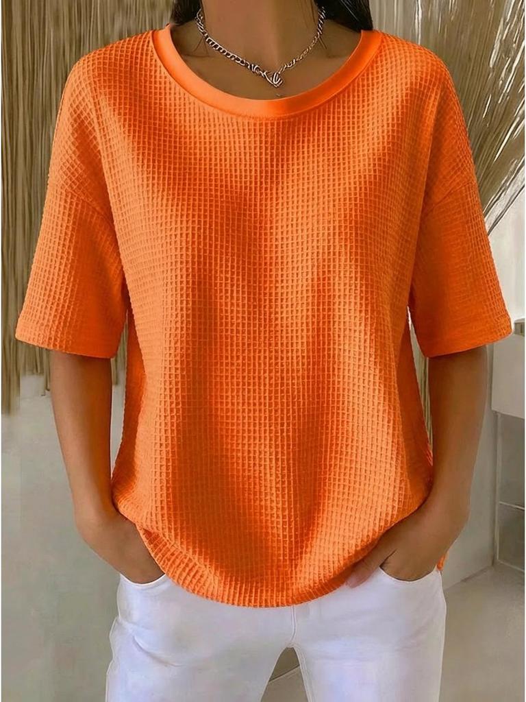 2026 Summer New Fashion: Simple Solid Color Waffle Knit Round Neck Short Sleeve Top