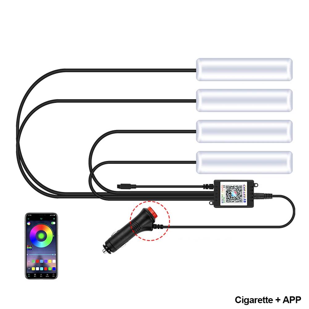 4Pcs LED Car Interior Atmosphere Backlight Ambient Mood Foot Light With Cigarette USB Lighter Decorative APP Remote Control Lamp