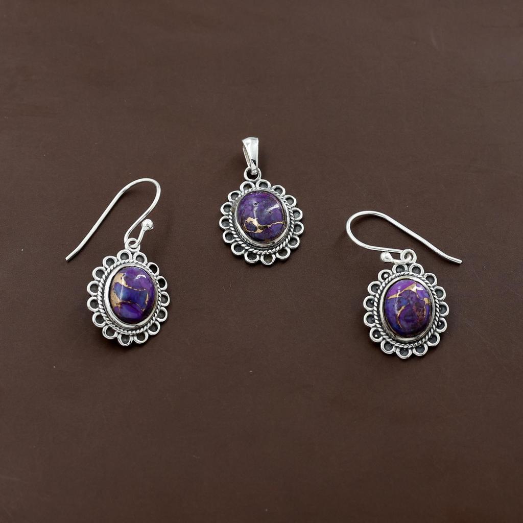 Purple Copper Turquoise Silver Pendant Earring Set, 925 Sterling Silver Handmade Jewelry, Silver Women Jewelry, Gift For Her An0451-310
