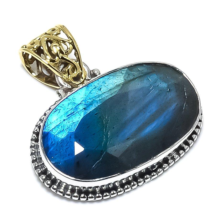 Natural Labradorite Gemstone 925 Sterling Silver Two Tone Pendant 1.26" C4A46