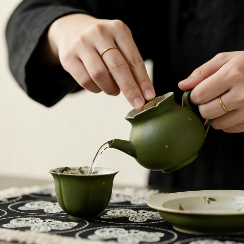 Retro and exquisite small and fresh ceramic teapot, embossed and hand-painted daisy, household Gongfu tea set with hand-held pot