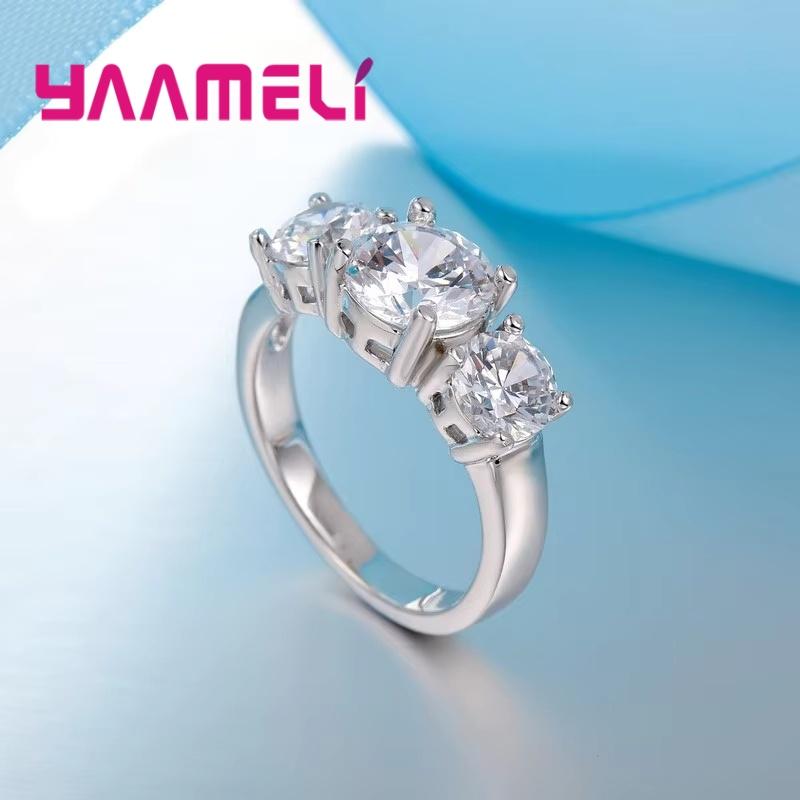 925 Silver Color 3 CZ Stone Prong Setting Band Rings for Men Women Wedding Engagement Jewelry