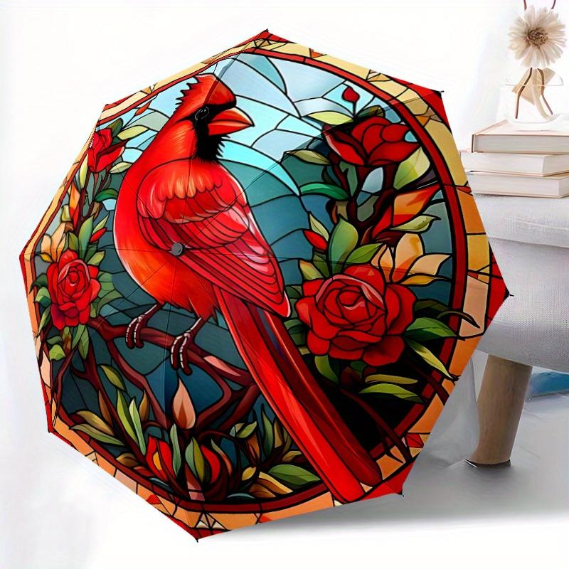 1pc Stained Glass Cardinal Automatic Open/Close Umbrella with Windproof, Functional Design, 8-Rib Sturdy Canopy