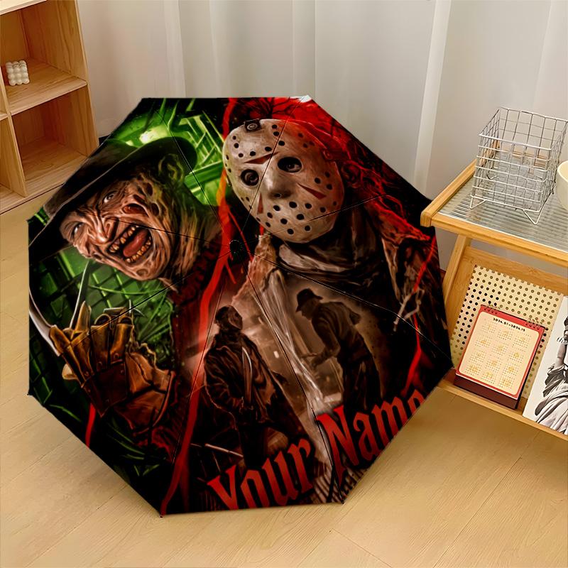 Custom Text Automatic 8 Bone Umbrella, Portable Sun Rain Protection UmbrellaFriday the 13th Jason Voorhees