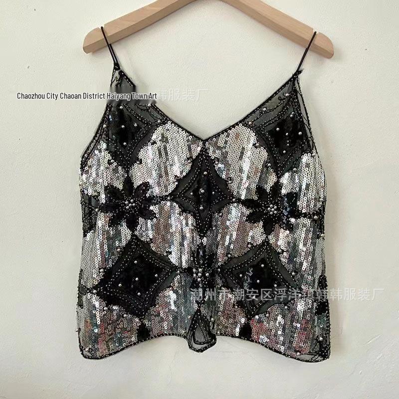 Niche Summer Women's Sequin Beaded Slimming V-Neck Camisole Vest - Elegant and Sexy Style
