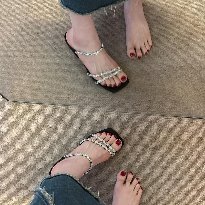 Fashion New Summer Stiletto Sandals Women's Fashion Square Head Open Toe Glitter Thin Strap Set Foot Anti-slip Wear-resistant High Heels