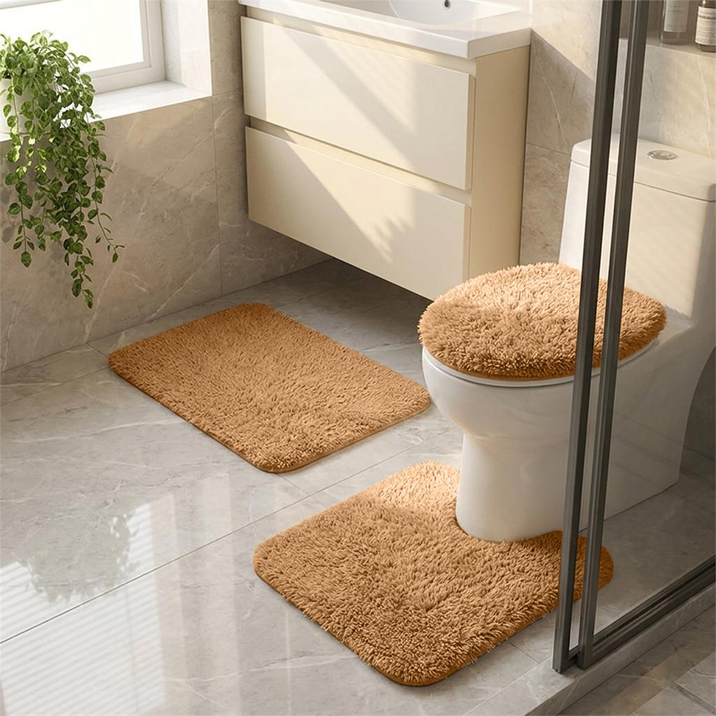 Bathroom Rug Set 3 Piece Includes Non Slip Bath Mat Contour Rug and Toilet Lid Cover Soft Shaggy Microfiber Absorbent Mat for Home Hotel Use