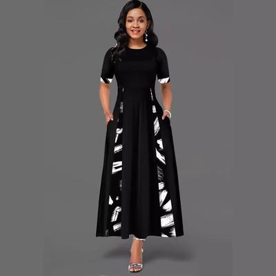 Women's Print Splicing Mid-sleeve O-Neck Skirt Skirt