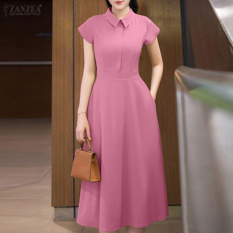 ZANZEA Rochie de vară cu mâneci scurte cu guler răsturnat pentru femei