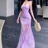 Mesh summer girl style holiday style print suspender dress French hip skirt waist fishtail skirt long skirt