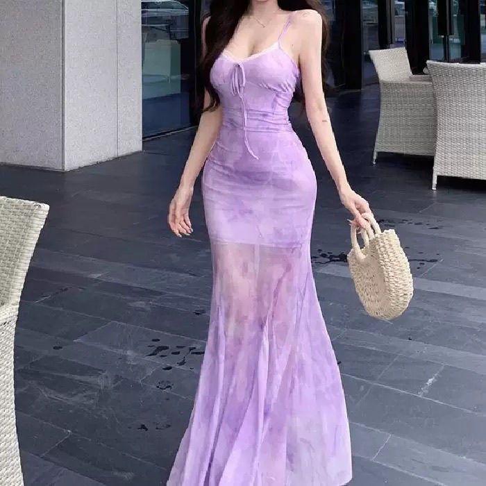 Mesh summer girl style holiday style print suspender dress French hip skirt waist fishtail skirt long skirt