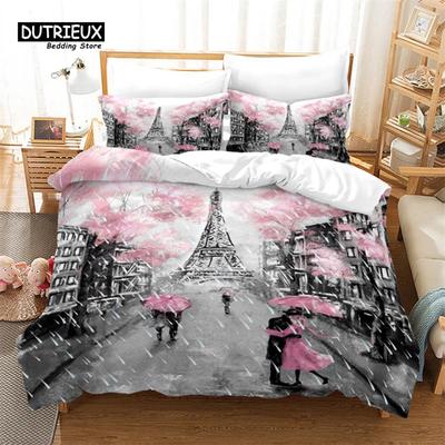 Conjunto de cama 3D Paris Torre Eiffel Capa de edredom Conjunto Casal romântico com guarda-chuvas na rua Capa de edredom com fronhas