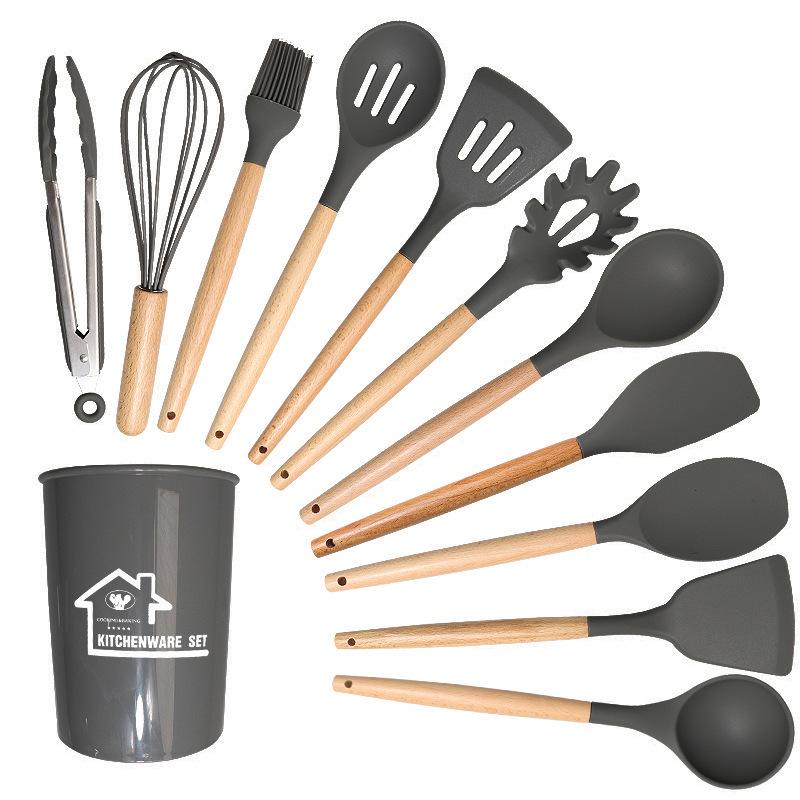Silicone Kitchenware: 12-Piece Non-stick Spatula and Spoon Set with Wooden Handles for Cooking and Baking
