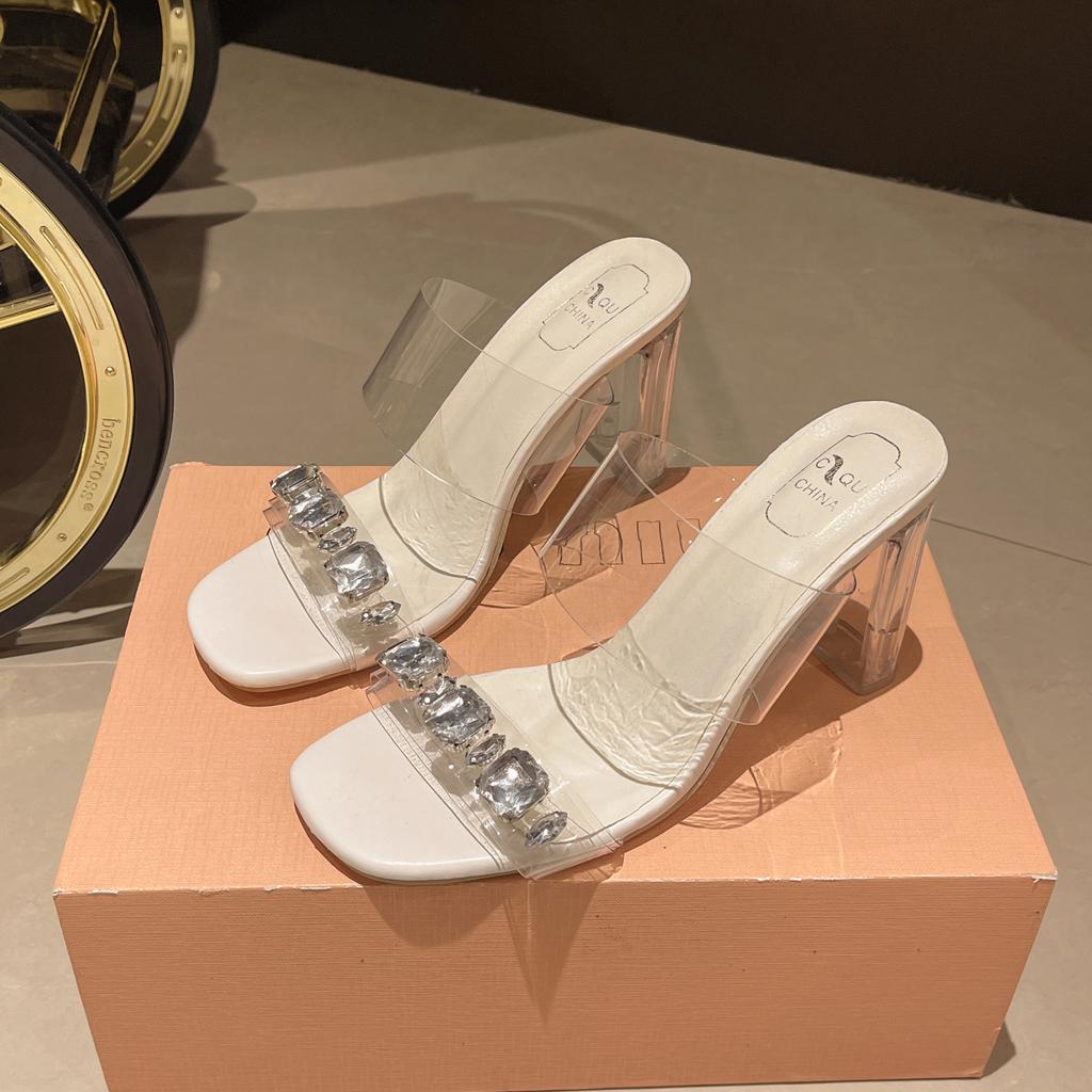 Aphixta Seksowne Przezroczyste Buty na Obcasie 5cm/7cm Kwadratowy Obcas Kapcie Damskie Diamentowe Dec Slajdy Na Zewnątrz Letnie Sandały Rozmiar 41 But