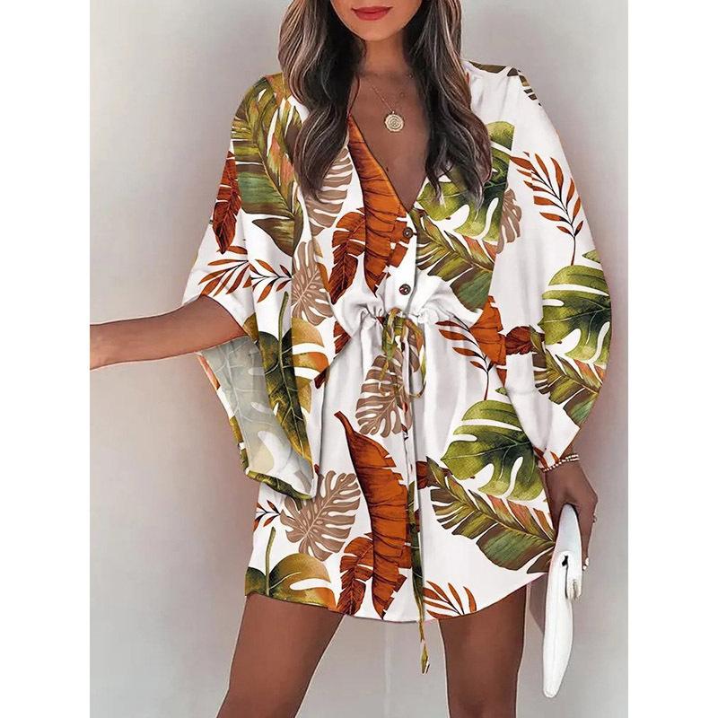 2026 Frühling Damen V-Ausschnitt Fledermausärmel Tropischer Print Kordelzug Taille Mini Strandkleid Urlaubs Überwurf Kurzes Kleid