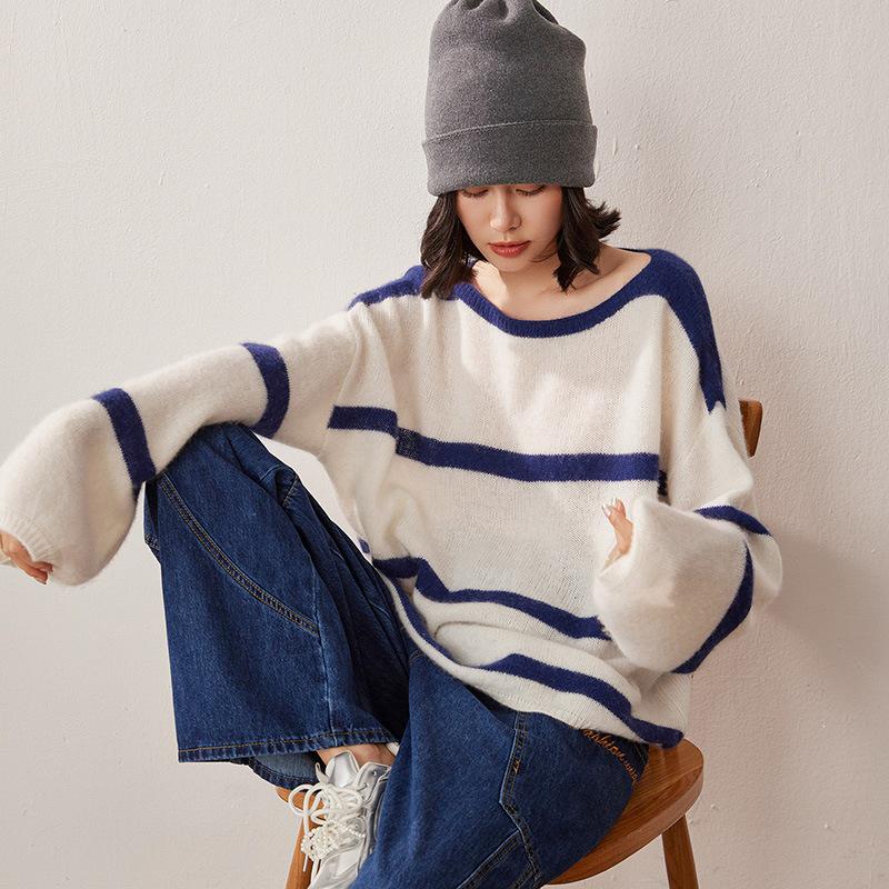 Women's One-Shoulder Cashmere Stripe Sweater - Loose Fit Long Sleeve Knit, Base Layer for Autumn/Winter.
