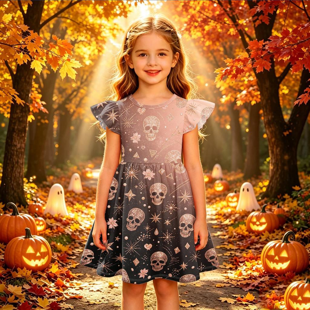 Kids Casual Halloween Printed Sleeve Dress for Party and Holiday
