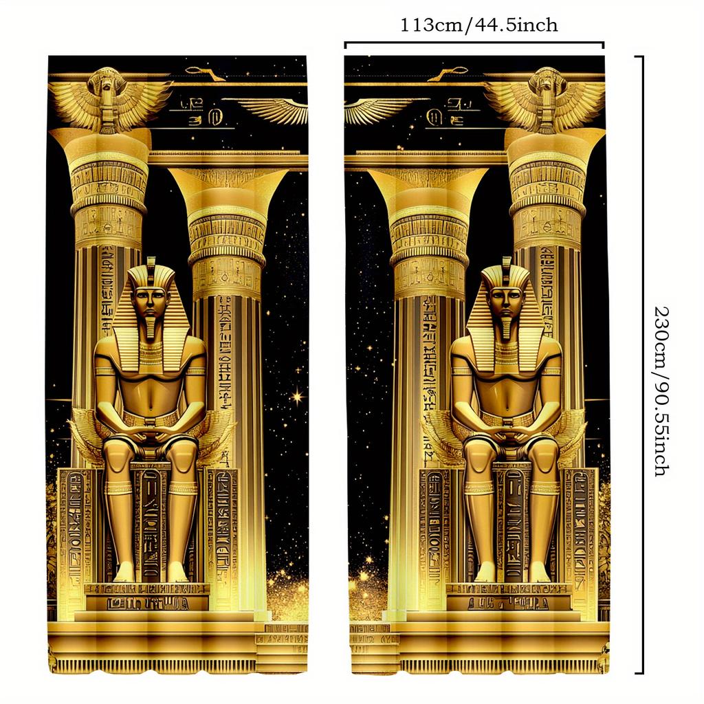 2pc Egyptian Pyramid Curtains – Black with Gold Hieroglyphs   Sheer Rod Pocket for Living Room or Bedroom