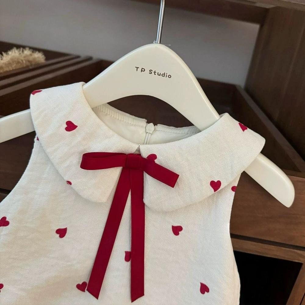 Girls White Heart Print Sleeveless Dress Summer Peter Pan Collar Princess Sundress Cute Casual Party Outfit For Kids