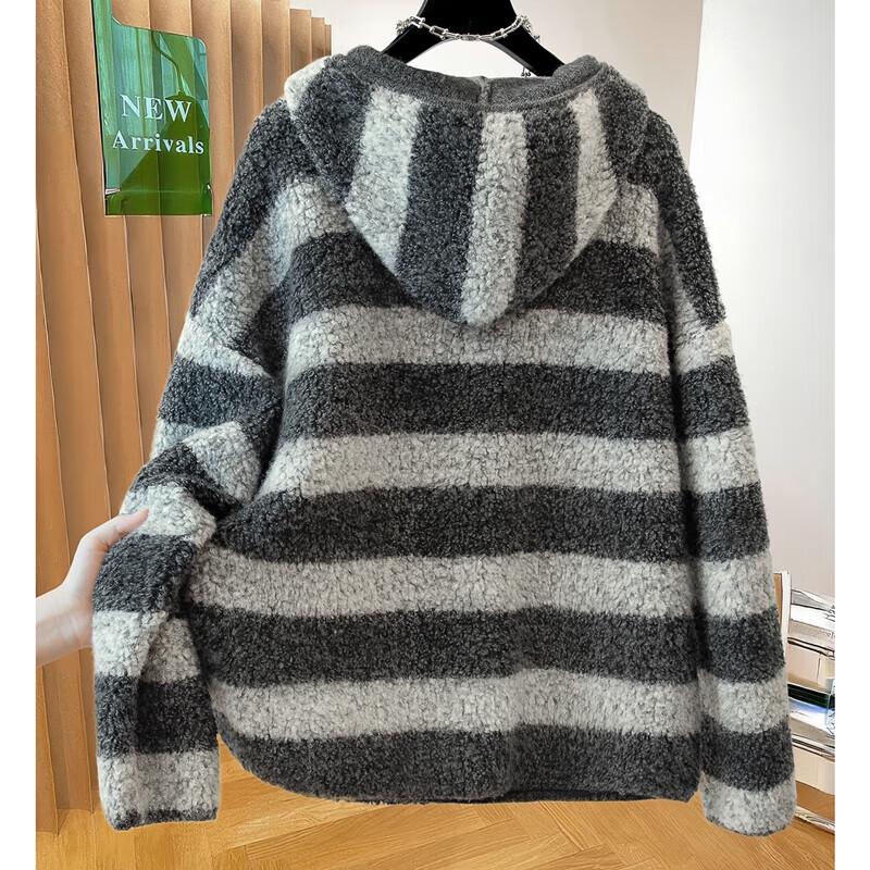 Si Baishe Damen Herbst Gestreifter Kapuzenpullover Locker Geschnitten