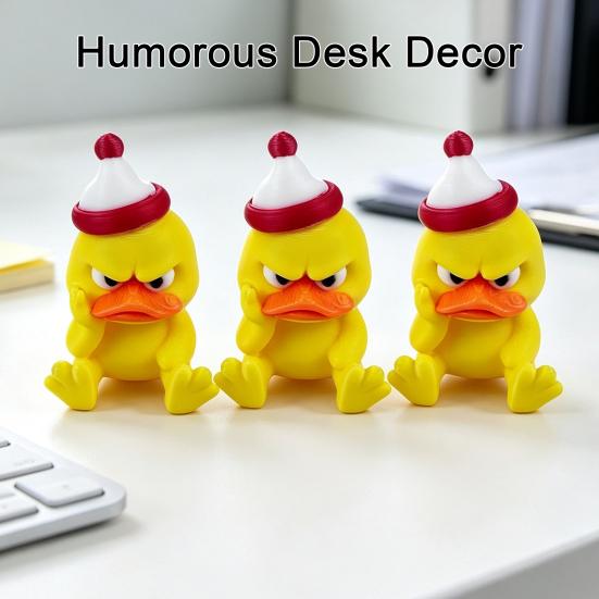 Creative Holiday Gifts 3D Printed Yellow Duck Figurine, Funny Arrogant Statue with Christmas Three Dimensional Figurine Hat, Miniature Ornament