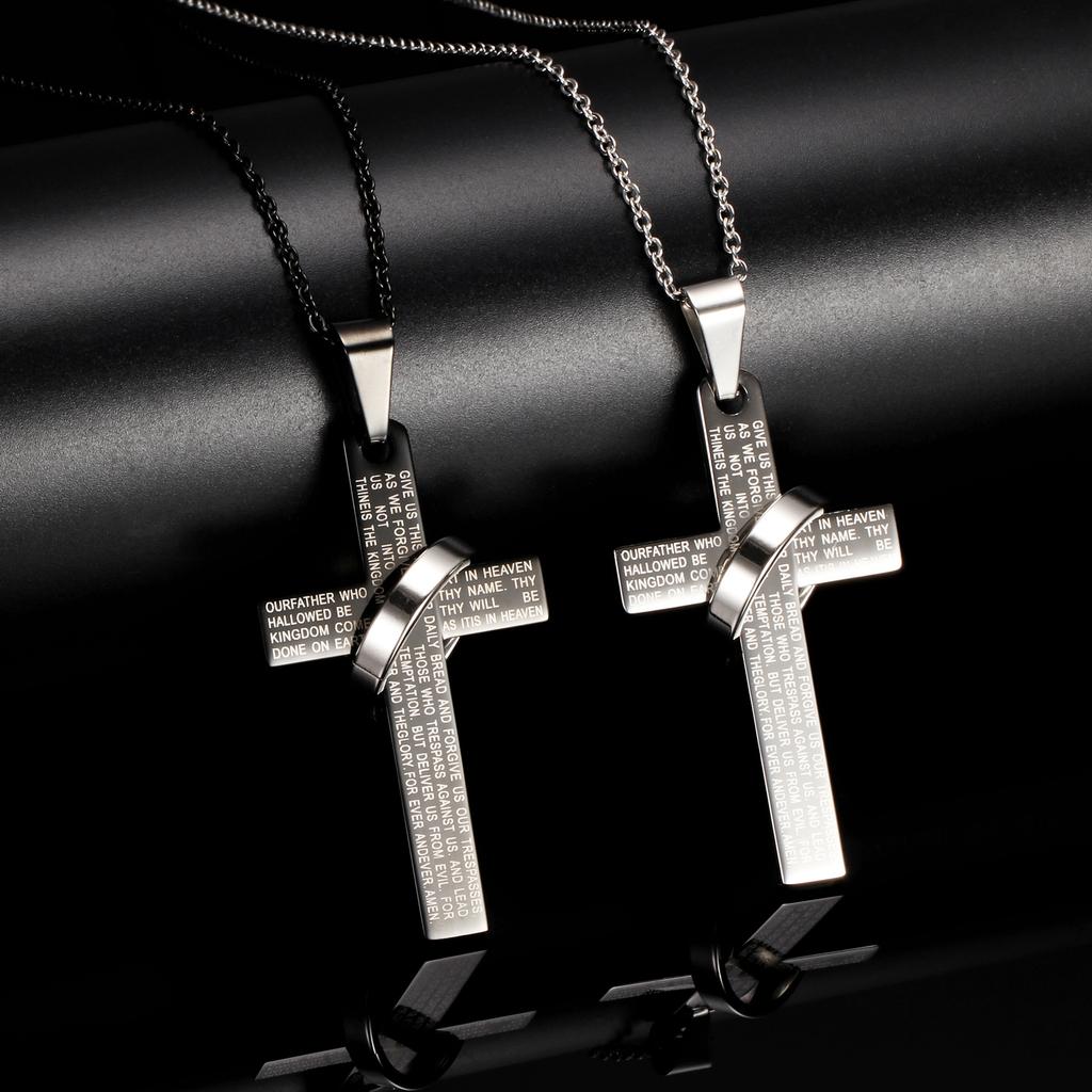304 Stainless Steel Engraved Lord's Prayer Cross Necklace with Circle Ring, Fashion Hypoallergenic Men Pendant Jewelry