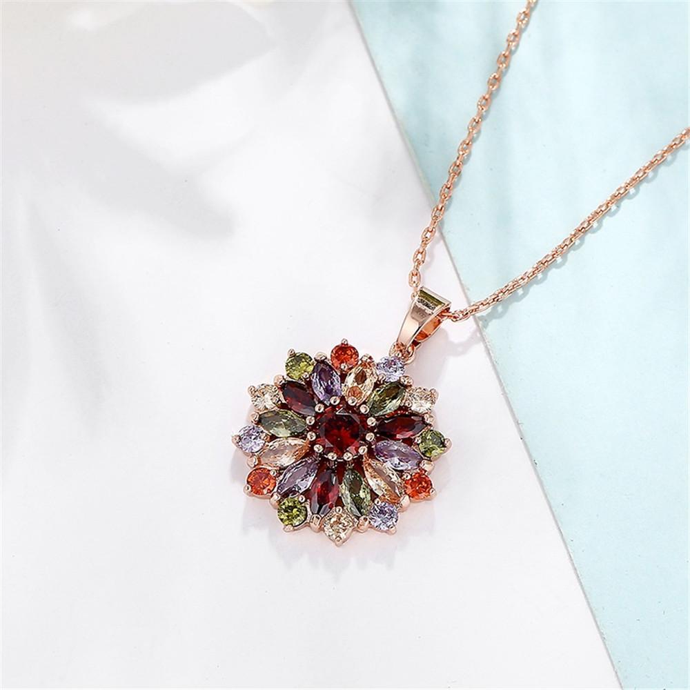 Elegant Female Crystal Rainbow Zircon Stone Flower Pendant Necklace Vintage Rose Gold Color Wedding Jewelry For Women