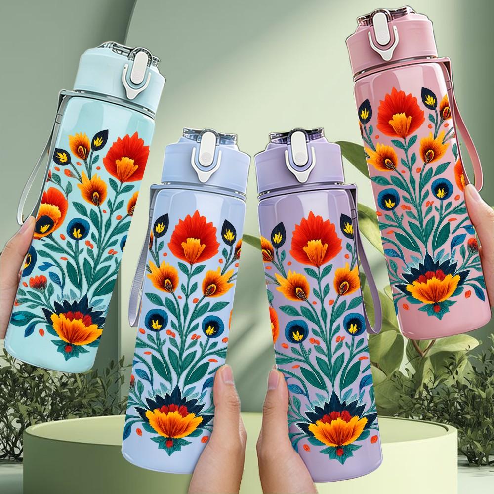 1PC Multi Color Folk Flower 750ml Color Plastic Sports Water Bottle Leakproof Flip Straw Lid Suitable for Sports Office Home Use