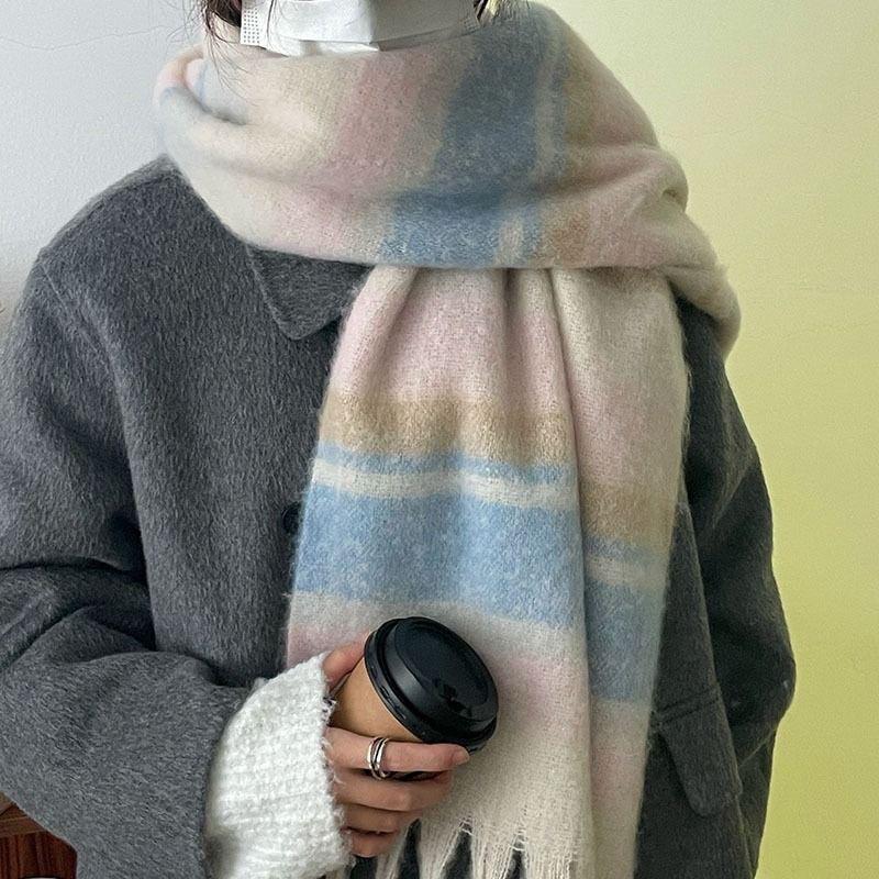 Gradient Color Stripes Autumn and Winter Korean Style Thickened Warm Off White Scarf Women's Simple Tassel Scarf Shawl