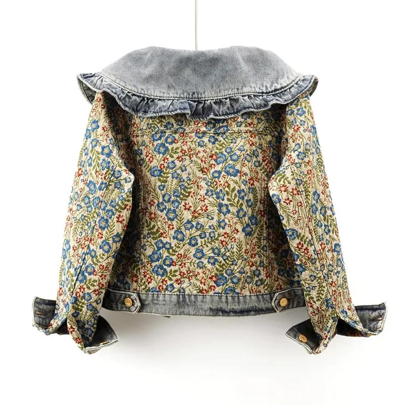 Women's Spring Long-Sleeved Peter Pan Collar Denim Jacket Autumn Design Casual Short Top