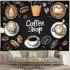 Coffee Latte Art Tapestry, Black Background With Coffee Theme Illustrations, Cafe Style Wall Art For Home And Event Decor