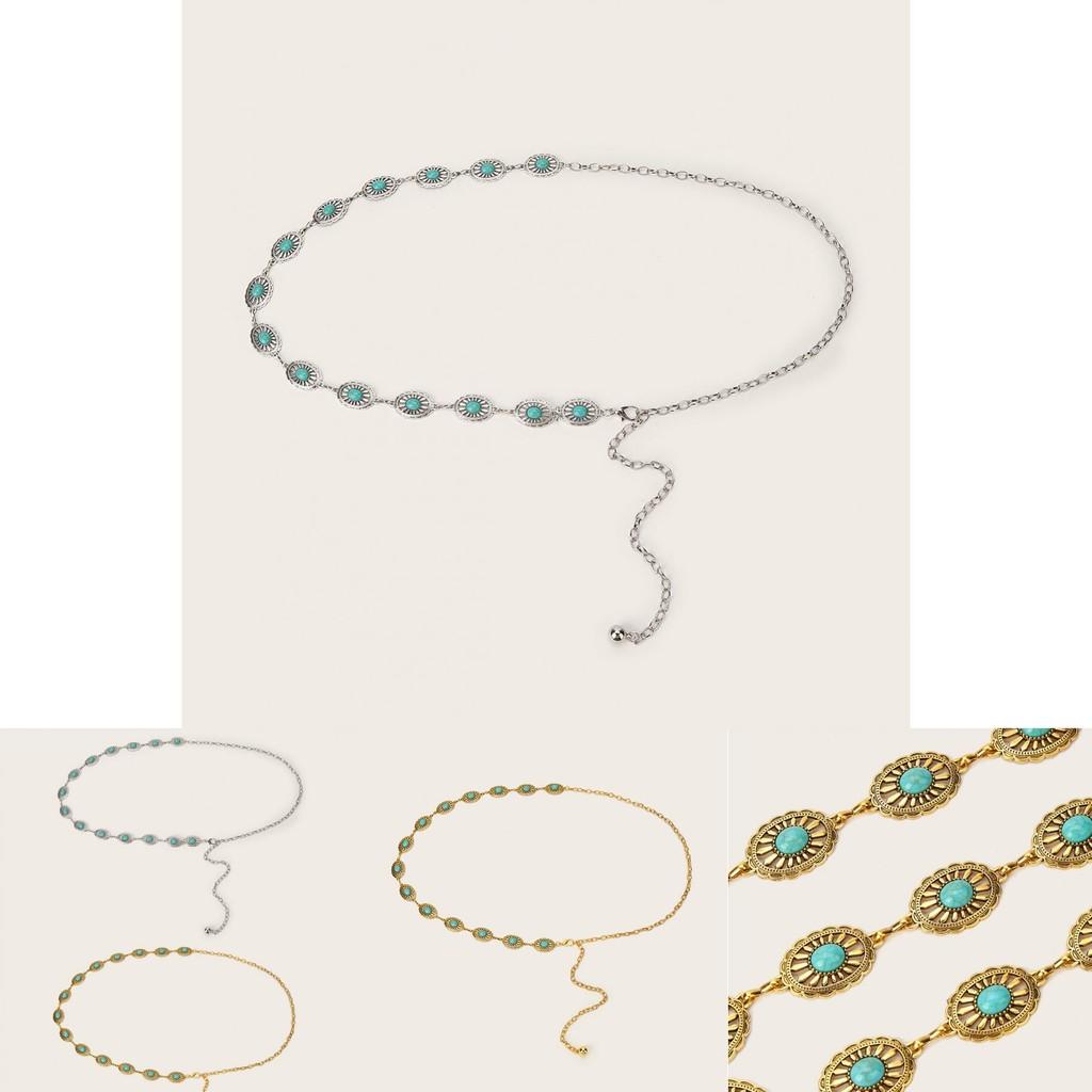 Moda Pedra Sintética Decoração Oval Metal Corrente de Cintura Casual Feminina para Acessório de Vestido