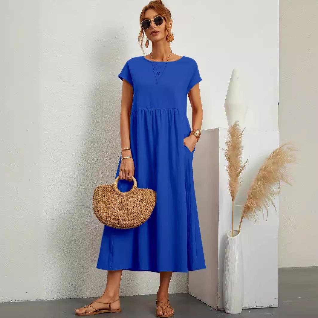 

2024 European & American Solid Color Sleeveless Loose Cotton-Linen Pocket Women s Dress XXL синий