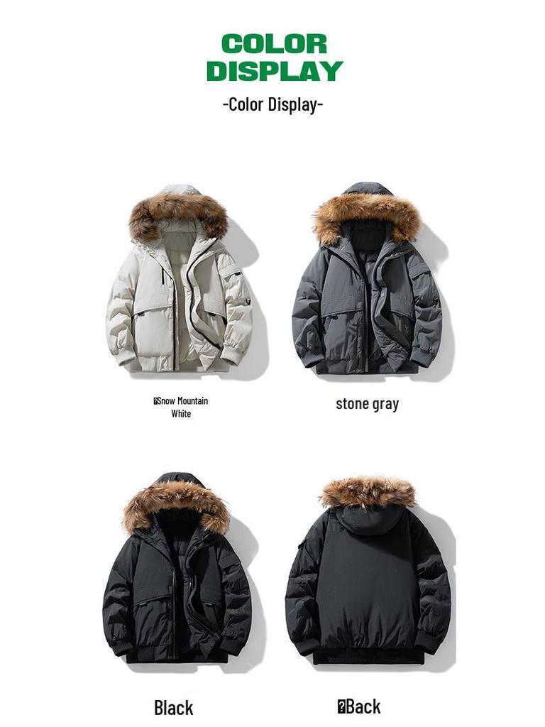 Men's and Women's Thickened Winter Down Jacket with Fur Collar, 90% White Duck Down Hooded Parka.