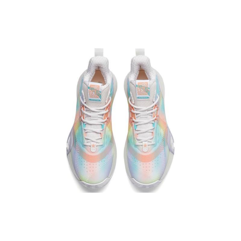 Anta Bubble Bomb Basketball Shoes Men's Low Top Ivory White/Fluorescent Aqua/Light Rainbow Pink Sneakers 112211603Q-5
