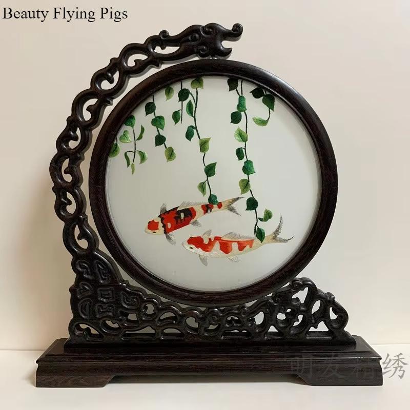 1pc, Su Embroidery Ornaments, Chinese Embroidery Crafts, Double Sided Embroidered Ornament, Solid Wood Desktop Decoration