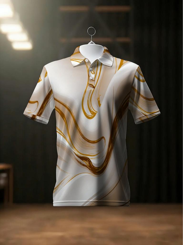 [Print Design - Not Textured] Men'S Lightweight Polyester Polo Shirt with Golden Swirl Print, Casual Wear for Restaurant Or Living Room, Breathable